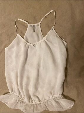 Guess White Textured Ruffle-Trim Spaghetti Strap Top